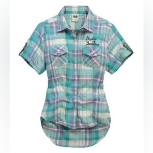 Harley-Davidson Women's Woven Shirt Heart & Dagger Plaid Blue Embroidered Large